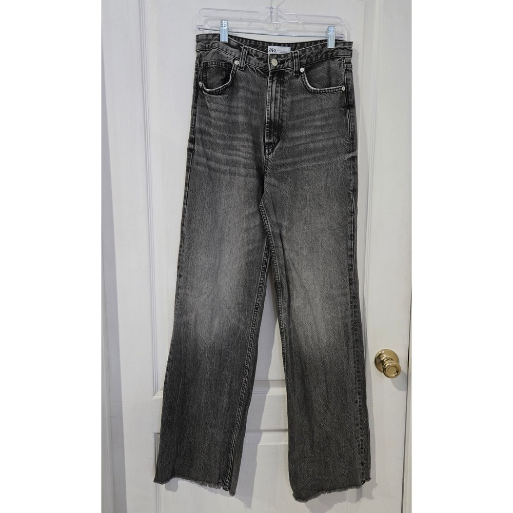 Zara Wide Leg Jeans Womens‎ 8 Grey High Rise Raw Hem Denim